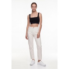 Cemo Kadın Yüksek Bel Mom Fit Kesik Paca Jean Pantolon