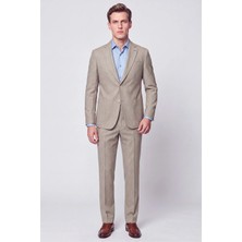 Efor Erkek Slim Fit Mono Yaka Çift Yırtmaç Koyu Bej Keten Takım Elbise TK 952