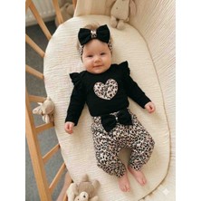Babys Tasarım Kız Bebek Leoparlı Fiyonklu Bandanalı Tulum Takım