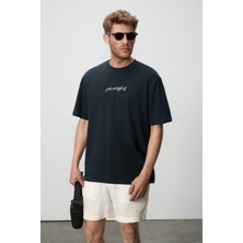 Grimelange Saımon Erkek %100 Organik Pamuklu Yuvarlak Yakalı Nakış Detaylı Regular Fit Lacivert T-Shirt