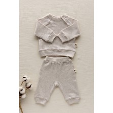 Mimu Baby %100 Pamuk Omuzdan Çıtçıtlı Melanj Waffle Bebek Sweat ve Bel Lastikli Melanj Waffle Bebek Pantolon Seti - Bej