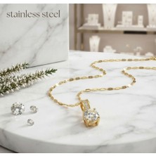Stainless Steel Gold Renk Klavikula Zincirli Yapay Elmas Taşlı Çelik Kolye