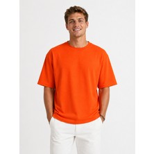 Vasto Moda Erkek Oversize Kalın Dokulu %100 Organik Pamuk Bisiklet Ribana Yakalı Turuncu T-Shirt