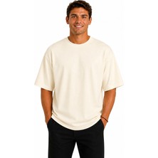Vasto Moda Erkek Oversize Kalın Dokulu %100 Organik Pamuk Bisiklet Ribana Yakalı Ekru T-Shirt