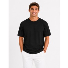 Vasto Moda Erkek Oversize Kalın Dokulu %100 Organik Pamuk Bisiklet Ribana Yakalı Siyah T-Shirt