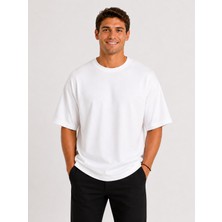 Vasto Moda Erkek Oversize Kalın Dokulu %100 Organik Pamuk Bisiklet Ribana Yakalı Beyaz T-Shirt