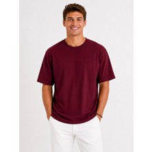 Vasto Moda Erkek Oversize Kalın Dokulu %100 Organik Pamuk Bisiklet Ribana Yakalı Bordo T-Shirt