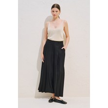 Manuka KETEN KARIŞIMLI GENİŞ PİLELİ PANTOLON SİYAH