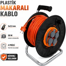 Badem10 Plastik Makaralı Kablo 3x2,5 mm 50 Metre Turuncu IP44 Korumalı 4 Prizli Seyyar Uzatma Kablo Makarası