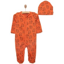 TeknoKapsül Ebebek Hello Baby Hellobaby Yenidoğan Erkek Bebek Tulum-Bere 2li Takım Interlok Hayvan Desenli Patikli Paça Turuncu