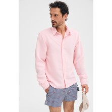 Grimelange Aıro Erkek Yumuşak ve Ince Modal Kumaşlı Düğmeli Rahat Kalıp Pembe Çizgili Gömlek