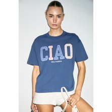 Grimelange Cascaıs Kadın %100 Organik Pamuklu Patch Detaylı Regular Fit Lacivert T-Shirt