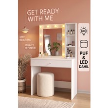 Robin Home Hollywood LED Işıklı Puflu Makyaj Masası Takımı Çekmeceli Düzenleyici Raflı Beyaz Puf LED Dahil