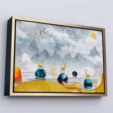 Trezon Ahşap Çerçeveli 3D Modern Tasarım Altın Geyikler TABLOSU-7196