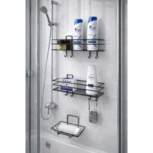 Mikasso Sihirli Yapışkanlı 3'lü Banyo Seti Sabunluk Duşakabin Rafı Şampuanlık Banyo Düzenleyici Set Metal Si