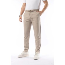 Erkek Bej Jogger Kesim Bel Lastikli Esnek Likralı Silimfit Kumaş Pantolon