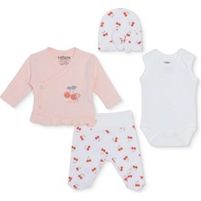 TeknoKapsül Tiffany Kız Bebek Prematüre Set Kiraz Baskılı Çıtçıtlı Zarf Yaka Uzun Kol Patikli