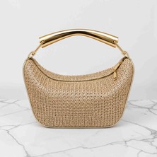Boutique Kadın Gold Metal Saplı Hasır Omuz Çantası Işıltılı Örgü Abiye ve Günlük Baget El Çantası