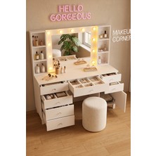 Robin Home Hollywood Makyaj Masası Takımı 7 Çekmece Kapaklı Düzenleyici Hollywood LED Işıklı ve Puflu Beyaz