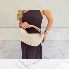 Boutique Kadın Gold Metal Saplı Hasır Omuz Çantası Işıltılı Örgü Abiye ve Günlük Baget El Çantası