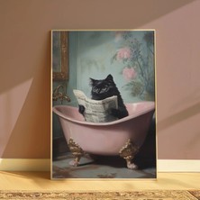 Mikasso Küvette Gazete Okuyan Siyah Kedi Çerçevesiz Poster Kağıt Çok Renkli Çerçevesiz