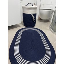 Mikasso Jüt Halı Kilim Paspas Oval Model Özel Tasarım Jüt Jüt El Dokuması Orta (6 - 12 Mm) Lacivert Saçaksız