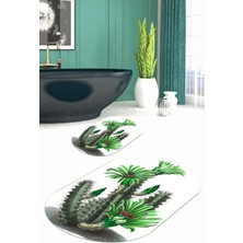Mikasso Baskılı Kaymaz Taban Yıkanabilir Kaktüs Desen Oval Banyo Paspası 2'li Klozet Takımı Polyester Çok Re