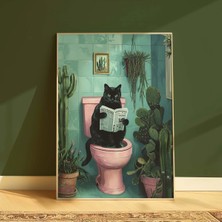 Mikasso Tuvalette Oturan Siyah Kedi, Banyo Temalı Çerçevesiz Kedi Posteri Kağıt Çok Renkli Çerçevesiz