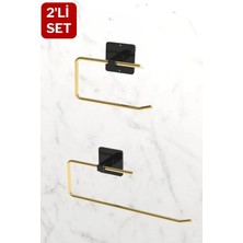 Mikasso Yapışkanlı Siyah-Gold Tuvalet Kağıdı Askısı ve Rulo Havluluk, Paslanmaz 2'li Set, Banyo Seti