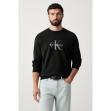 Calvin Klein Erkek Regular Fit Yuvarlak Yakalı Logo Baskılı Pamuklu Uzun Kollu Siyah Sweatshirt LV04RG278G-UB1