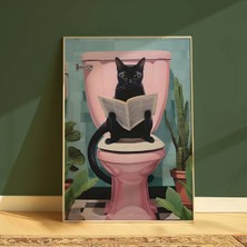 Mikasso Tuvalette Oturan Kedi Posteri, Banyo Konseptli Çerçevesiz Poster Kağıt Çok Renkli Çerçevesiz