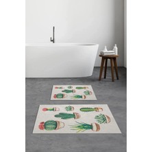 Mikasso Baskılı Kaymaz Yıkanabilir Kaktüs Desen Banyo Paspası 2'li Klozet Takımı Halısı Polyester Yeşil