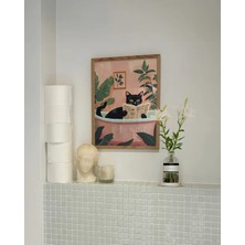 Mikasso Küvette Gazete Okuyan Kedi Posteri, Kedi Posteri, Banyo Temalı Çerçevesiz Kedi Posteri Kağıt Pembe Ç