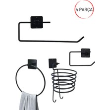 Mikasso 4 Lü Banyo Seti Havlu Kağıtlık + Wc Kağıtlık + Fönlük + Yuvarlak Havluluk Metal Yapışkanlı Set Siyah