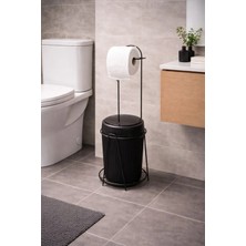 Mikasso Ayaklı Wc Kağıtlığı Çöp Kovası Seti, Metal Askılı Wc Kağıtlık Standı Metal Siyah