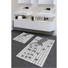 Mikasso Baskılı Kaymaz Yıkanabilir Kedi Desen Banyo Paspası 2'li Klozet Takımı Halısı Polyester Gri