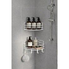 Mikasso Beyaz Köşe Duş Rafı 2’li Şampuanlık 21 cm – Yapışkanlı/vidalı (Banyo Köşeliği) - Tk-01 Metal Beyaz