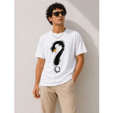 Erkek Kuğu Figürlü Soru Işareti Baskılı Tişört Kısa Kol T-Shirt - Beyaz