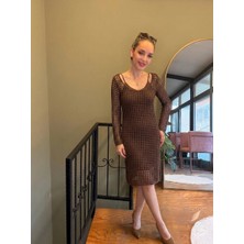 Ali Butik Kahve Uzun Kollu File Örgü Crochet Elbise