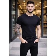 Lune Store Erkek T-Shirt Bisiklet Yaka Slim Fit Dar Kesim Likralı Tişört Günlük Basic Body - Siyah