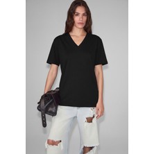 Ethiquet Sheane Kadın %100 Organik Pamuk Derin V Yakalı Comfort Fit Siyah T-Shirt