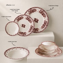 Kütahya Home Burgundy Romance 24 Parça Desenli Porselen Yemek Takımı – Şık Sofra Seti Bordo Vintage
