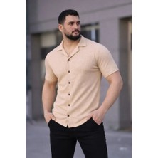 Erkek Waffle Kumaş Kısa Kollu Düğmeli Açık Yaka Regular Fit Gömlek - Bej