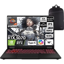 Asus Tuf Gaming A16 Ryzen 9-8940HX 32-Gbddr5 1 Tbssd RTX5070 (8GB-115W-GDDR7) 16" Wqxga 165Hz Windows 11 Pro + Qb Sırt Çantası FA608PP-QT031QB13