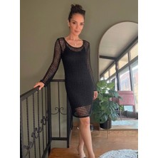 Ali Butik Siyah Uzun Kollu File Örgü Crochet Elbise