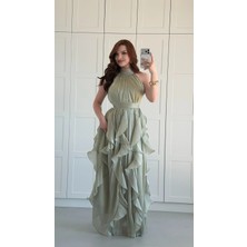 Ayşenur Dinçer Butik Tutku Fırfırlı Elbise Yağ Yeşili