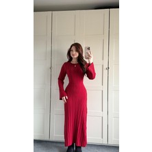 Ayşenur Dinçer Butik Triko Belden Bağlamalı Elbise Bordo