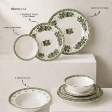 Kütahya Home Green Romance 24 Parça Desenli Porselen Yemek Takımı – Şık Sofra Seti Yeşil Vintage