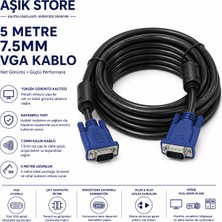 AŞIK STORE VGA Kablo 5 Metre 7.5mm Kalın Çift Ferrit Filtreli Monitör Projeksiyon Bilgisayar VGA Erkek Erkek Kablo
