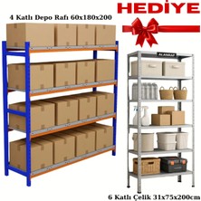 BölgeRaf 4 Katlı Depo Rafı 60X180X200 cm Hafif Rack Alana 31X75X200CM Çelik Raf Hediye